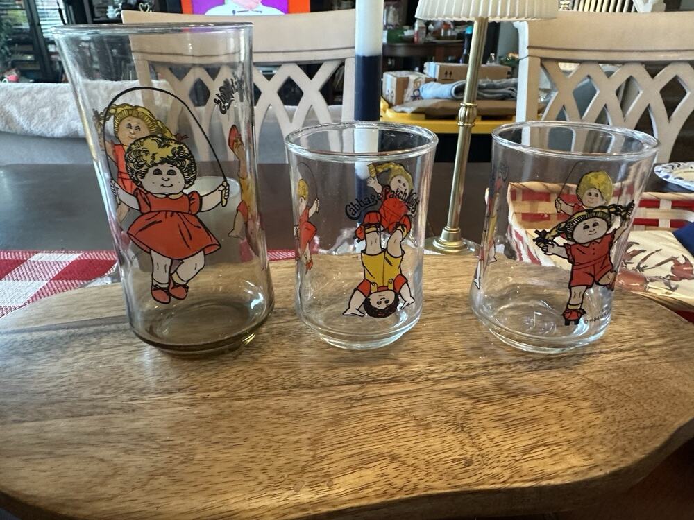 Cabbage Patch Kids 1984 2 Juice 3 1/2" + 1 Taller Glass Set Of 3